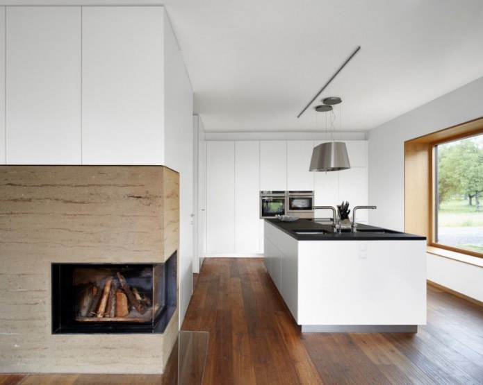 fireplace in a white kitchen in a minimalist style