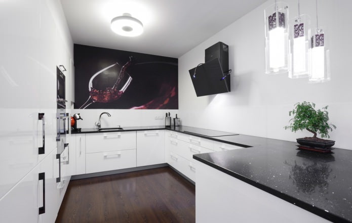 photo wallpaper in the kitchen with a black countertop