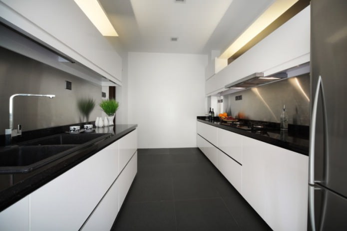 black countertop in a parallel layout kitchen