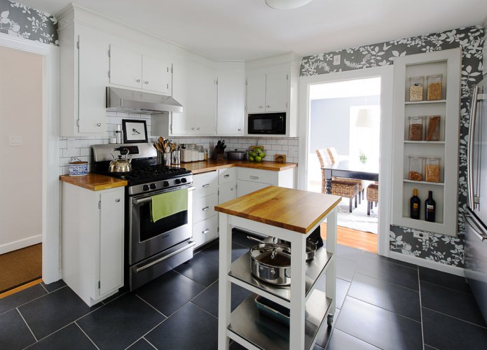 gray wallpaper in a white kitchen