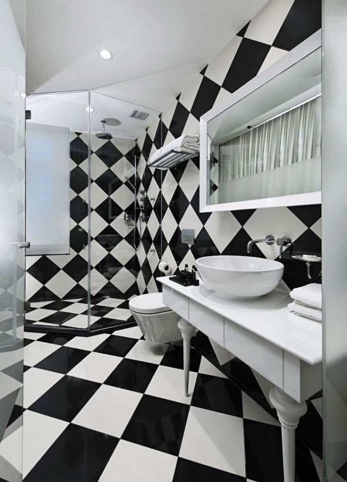black and white tile finish in the bathroom