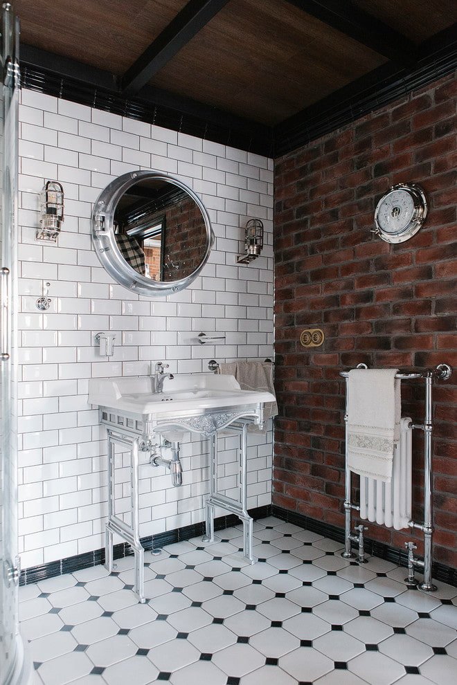 white tiles with brick in the bathroom interior
