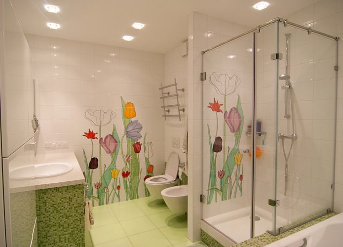 white tiles with patterns in the bathroom interior