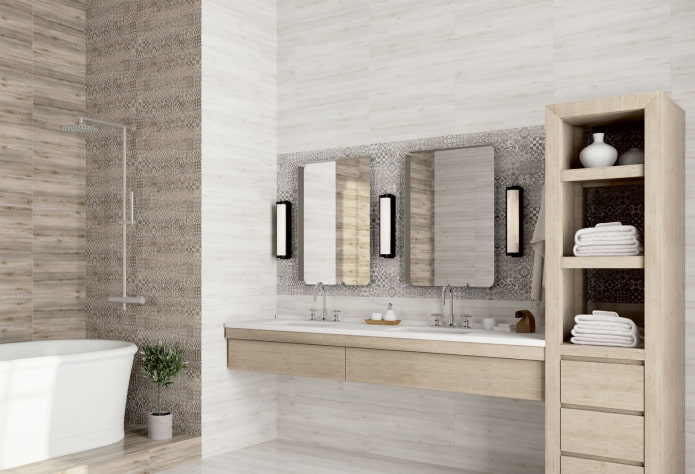 white wood-look tiles in the bathroom