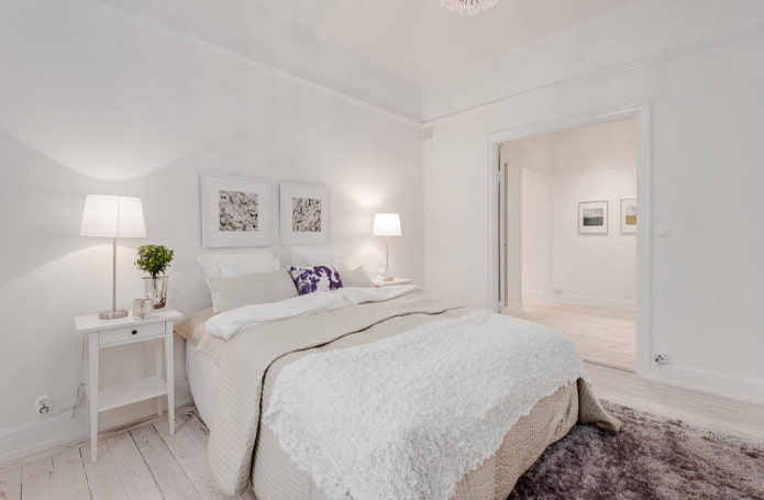 lighting in the interior of the bedroom in white tones