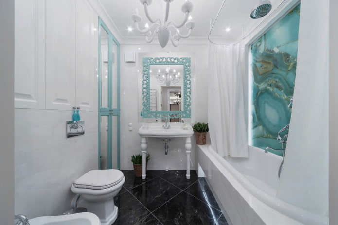 bathroom interior in white and turquoise tones