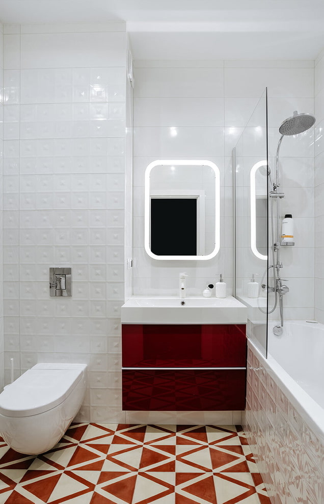 bathroom interior in red and white tones