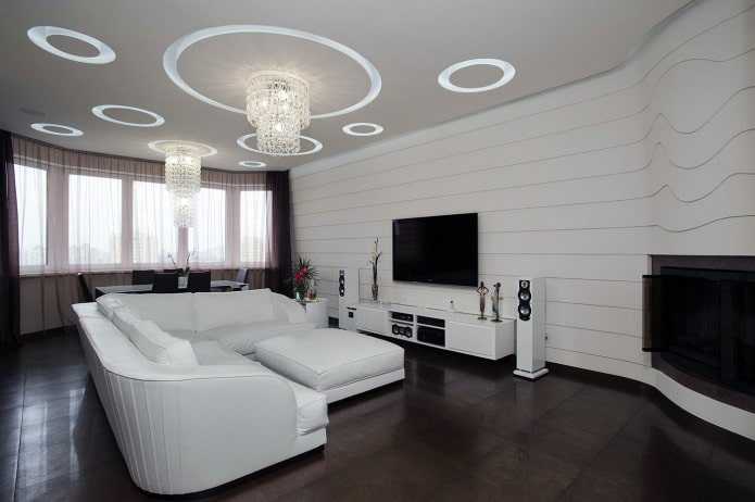 living room with white striped wallpaper