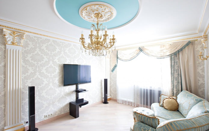 White wallpaper in the living room interior in a classic style