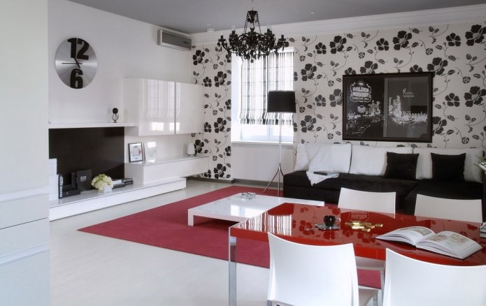 Black and white wallpaper in the living room interior