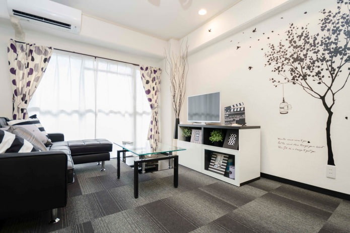 Monochrome black and white living room interior