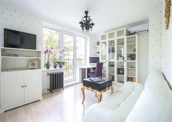 White wallpaper in the living room interior in art deco style