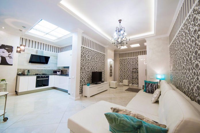 Black and white wallpaper in the kitchen-living room interior