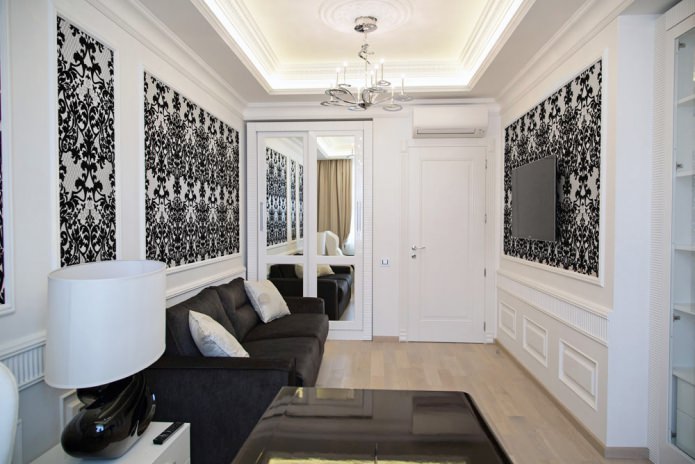 Black and white wallpaper in the living room interior