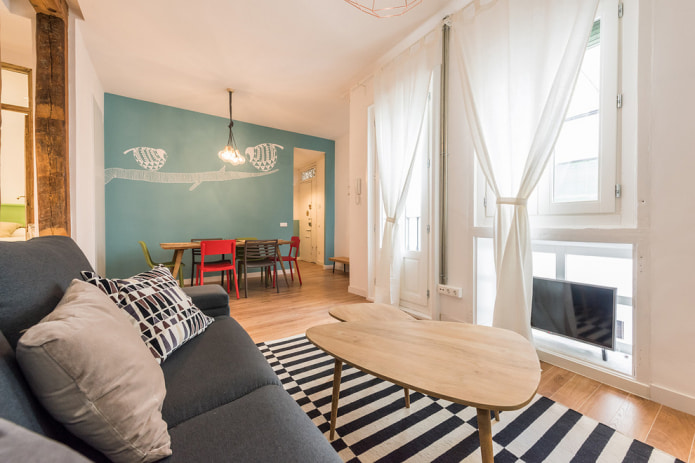 living room with white curtains