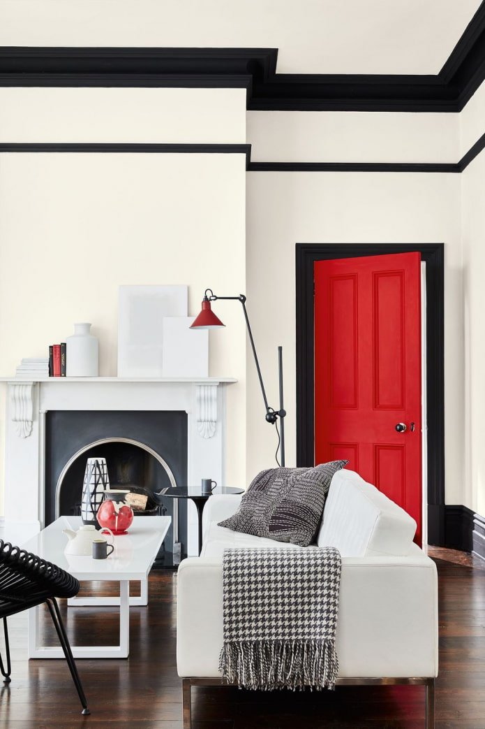 white, black, red in the living room