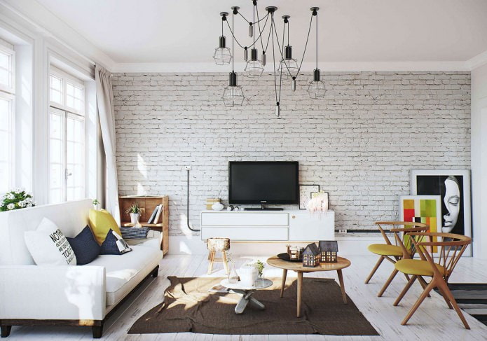 white brick wall in the living room interior