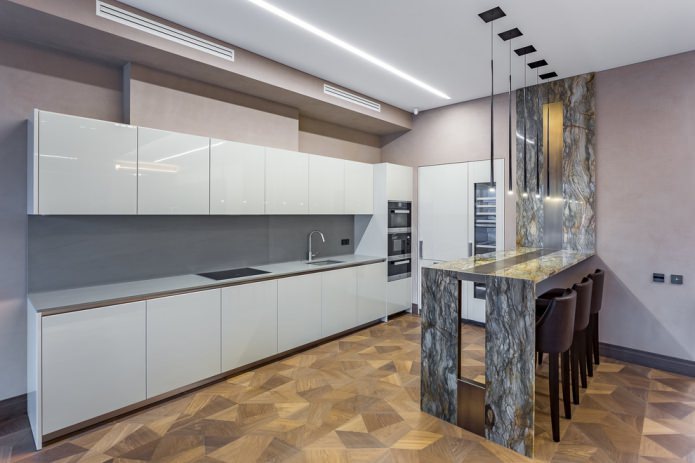 white kitchen with a bar counter