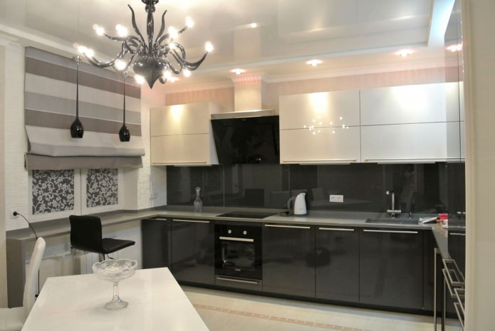 kitchen interior in beige and black tones