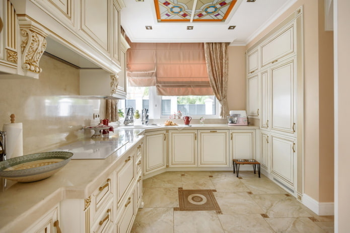curtains in the kitchen interior in beige tones