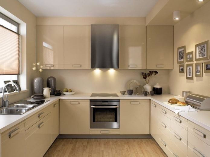 furniture and appliances in the kitchen interior in beige tones