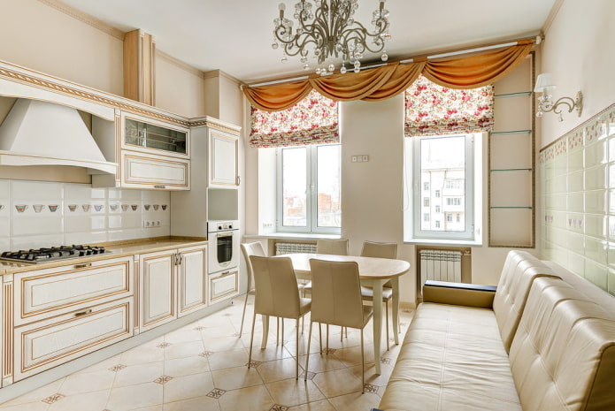 curtains in the kitchen interior in beige tones