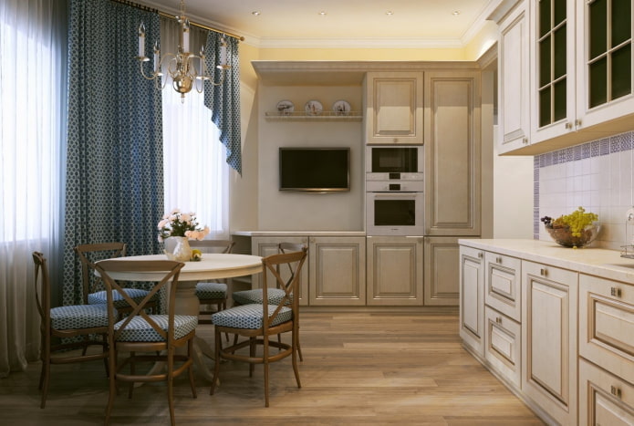 curtains in the kitchen interior in beige tones