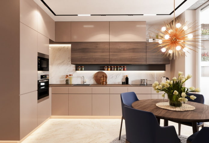 kitchen interior in beige and brown tones