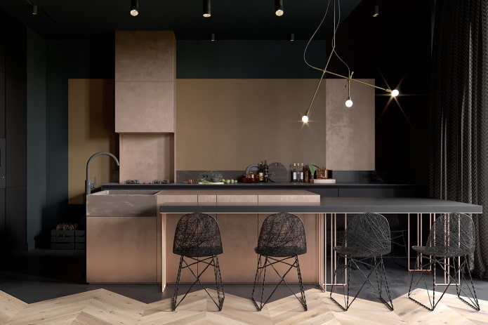 kitchen interior in beige and black tones