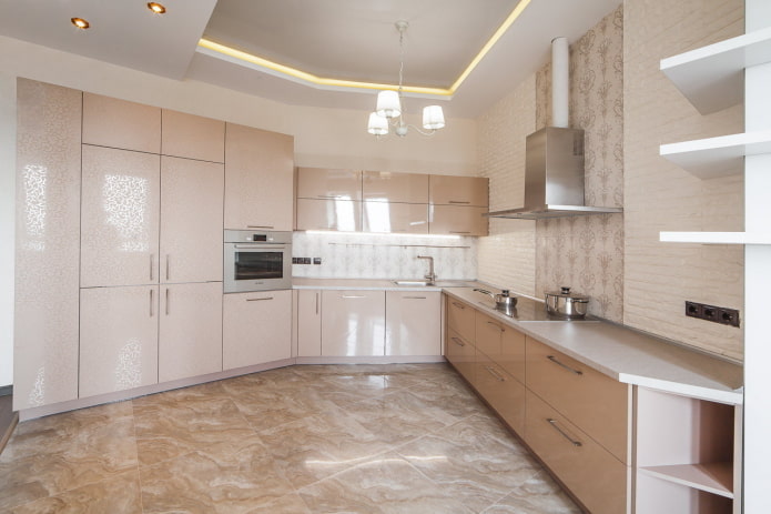 lighting and decor in the kitchen interior in beige tones