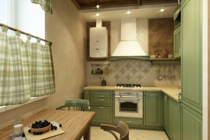 kitchen interior in beige and green tones