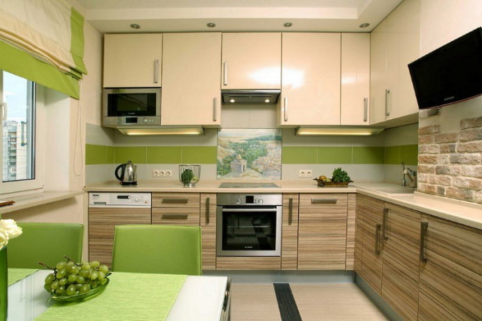 kitchen interior in beige and green tones