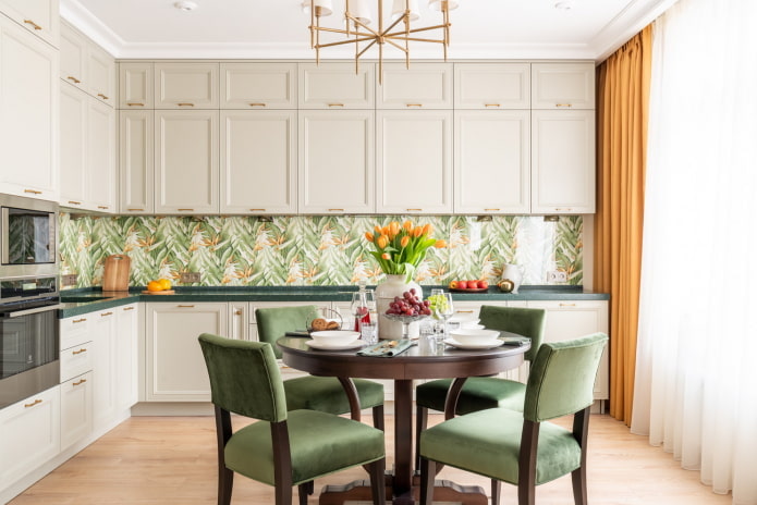 kitchen interior in beige and green tones