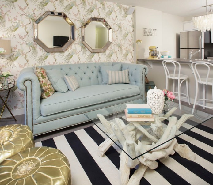 beige wallpaper with a pattern in the living room
