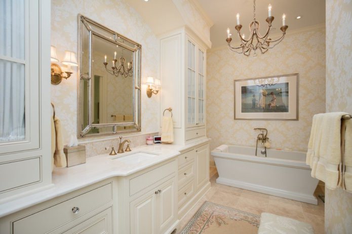 patterned wallpaper in a classic bathroom