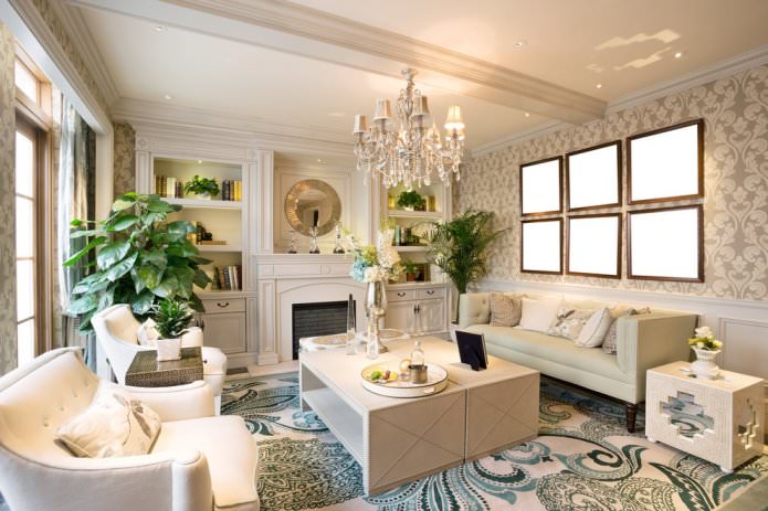 Beige wallpaper in the interior of the living room in a classic style