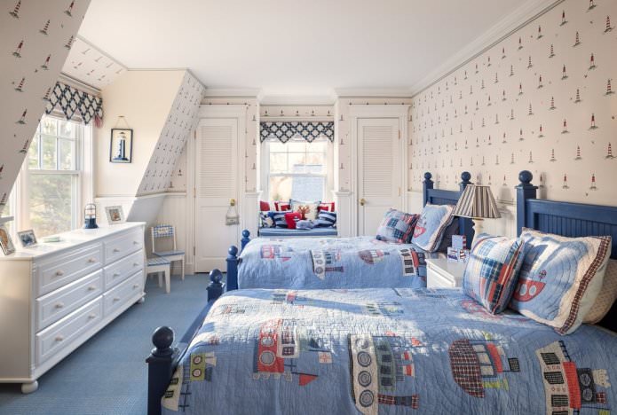 beige wallpaper in a boy's room
