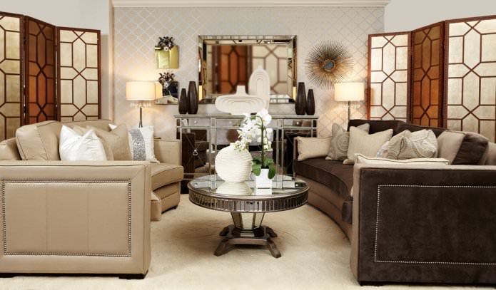 Beige wallpaper with a pattern in the living room interior