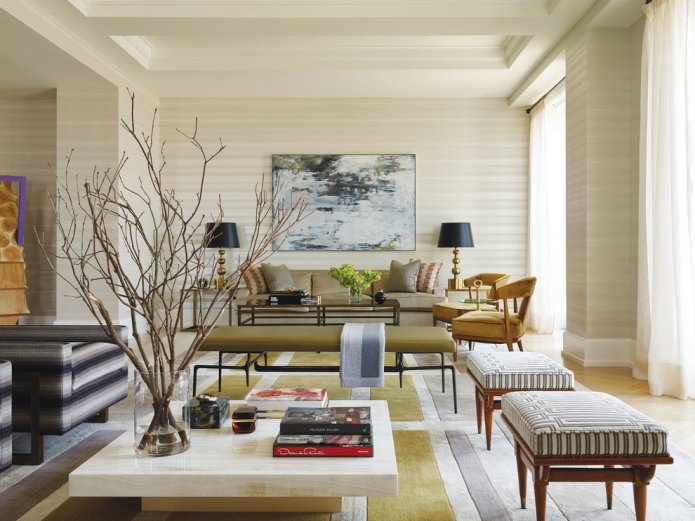 Beige striped wallpaper in the living room interior