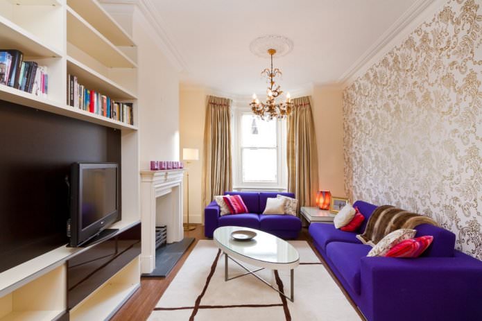 gold curtains with beige wallpaper in the living room interior
