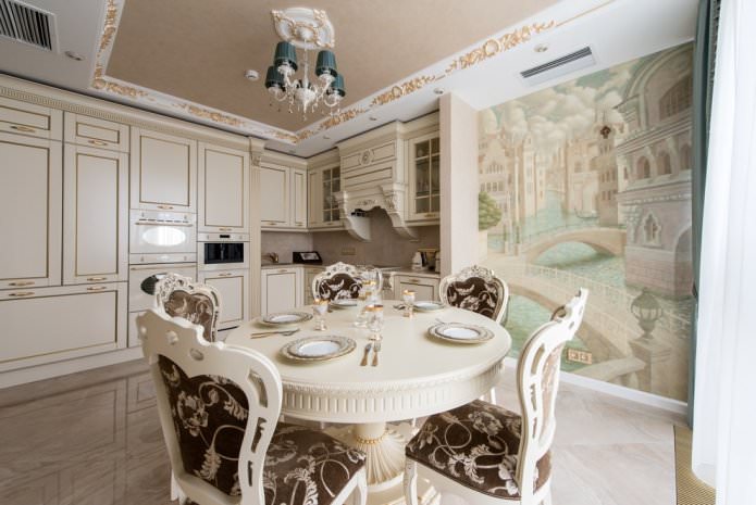 Kitchen design with beige photo wallpaper