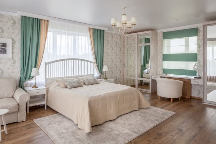 turquoise curtains with beige wallpaper in the bedroom interior