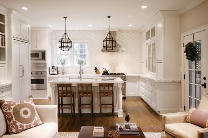 Kitchen design with beige wallpaper