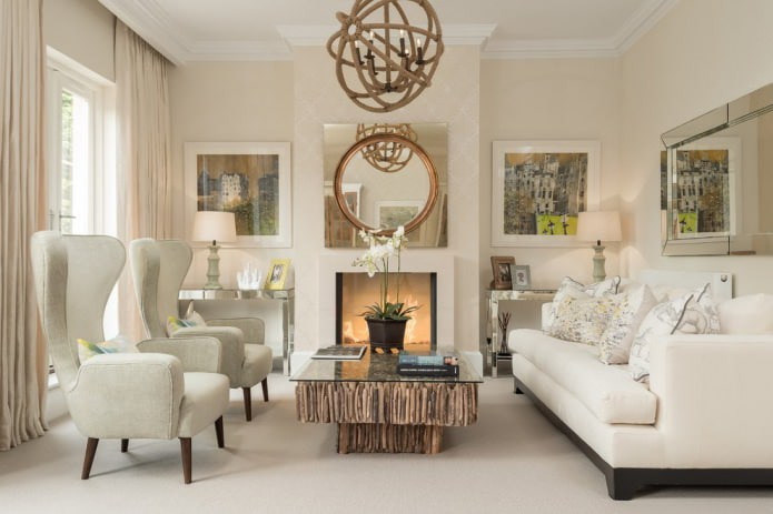 Beige wallpaper in the living room interior
