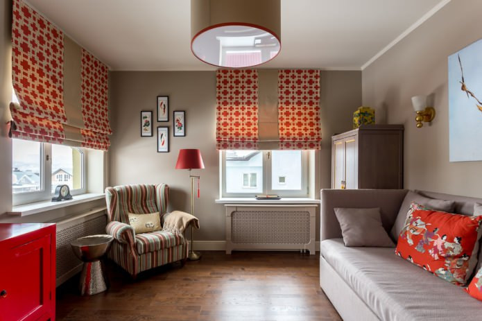 roman blinds with a red pattern