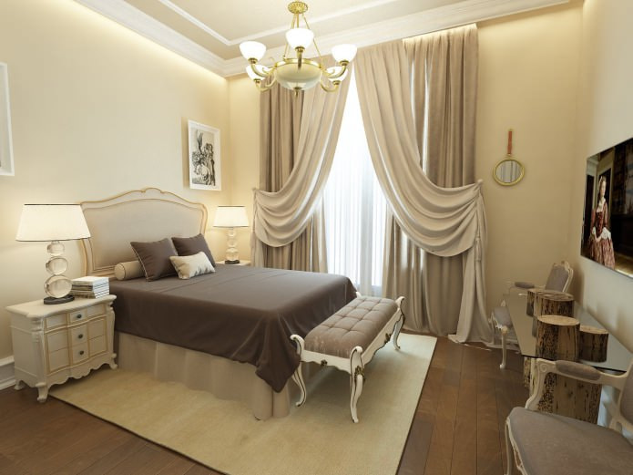 beige bedroom with a brown bedspread