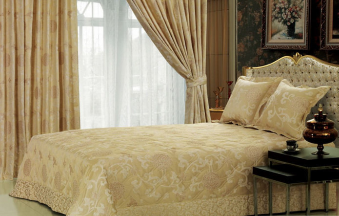 satin curtains in the same color as the bedspread