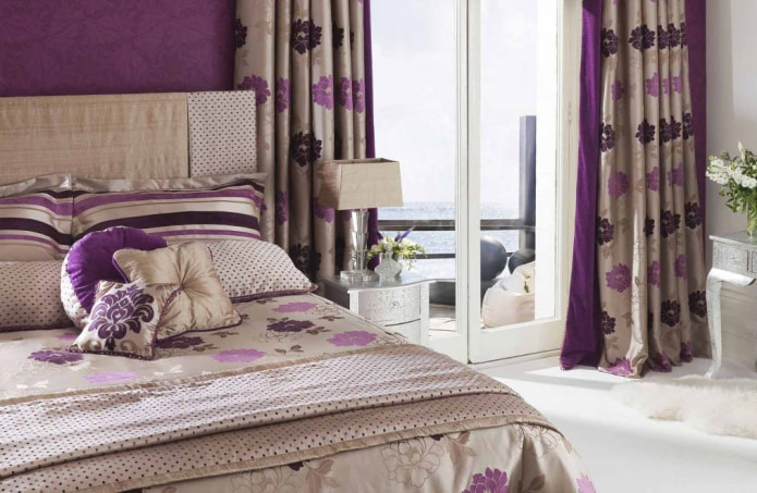 beige satin curtains with lilac flowers
