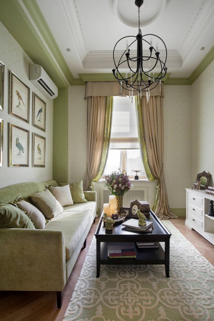 beige and green curtains with fringe and tassels