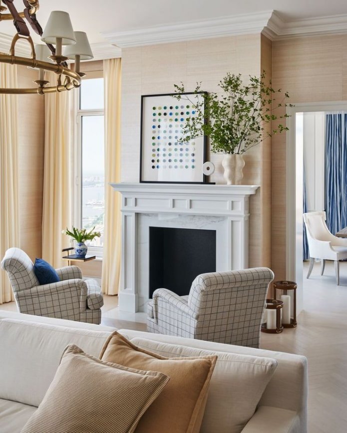 beige hall with a fireplace